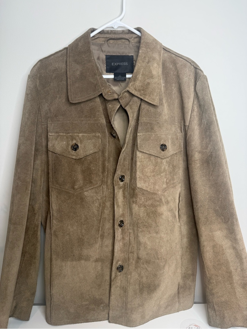 Express Men’s Genuine Suede Leather Jacket Coat Tan Brown Button Front Size L